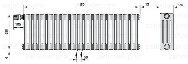 Схема (чертеж) Радиатор Zehnder Charleston 4055/25 №V007 Белый глянцевый RAL 9016